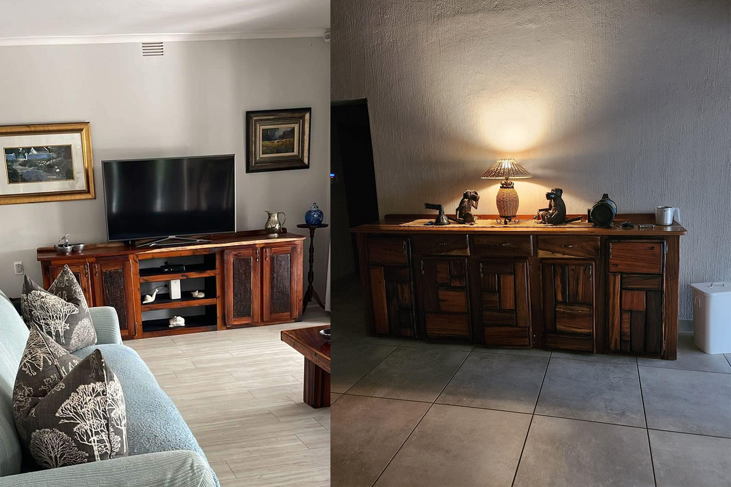 Rustic sleeperwood bed with a solid frame and a weathered wood finish, creating a cozy and natural bedroom atmosphere.